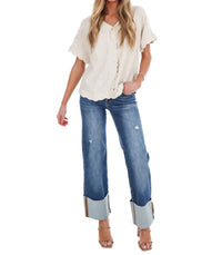 Umgee - Refined Edge Linen Scallop Button Up Top