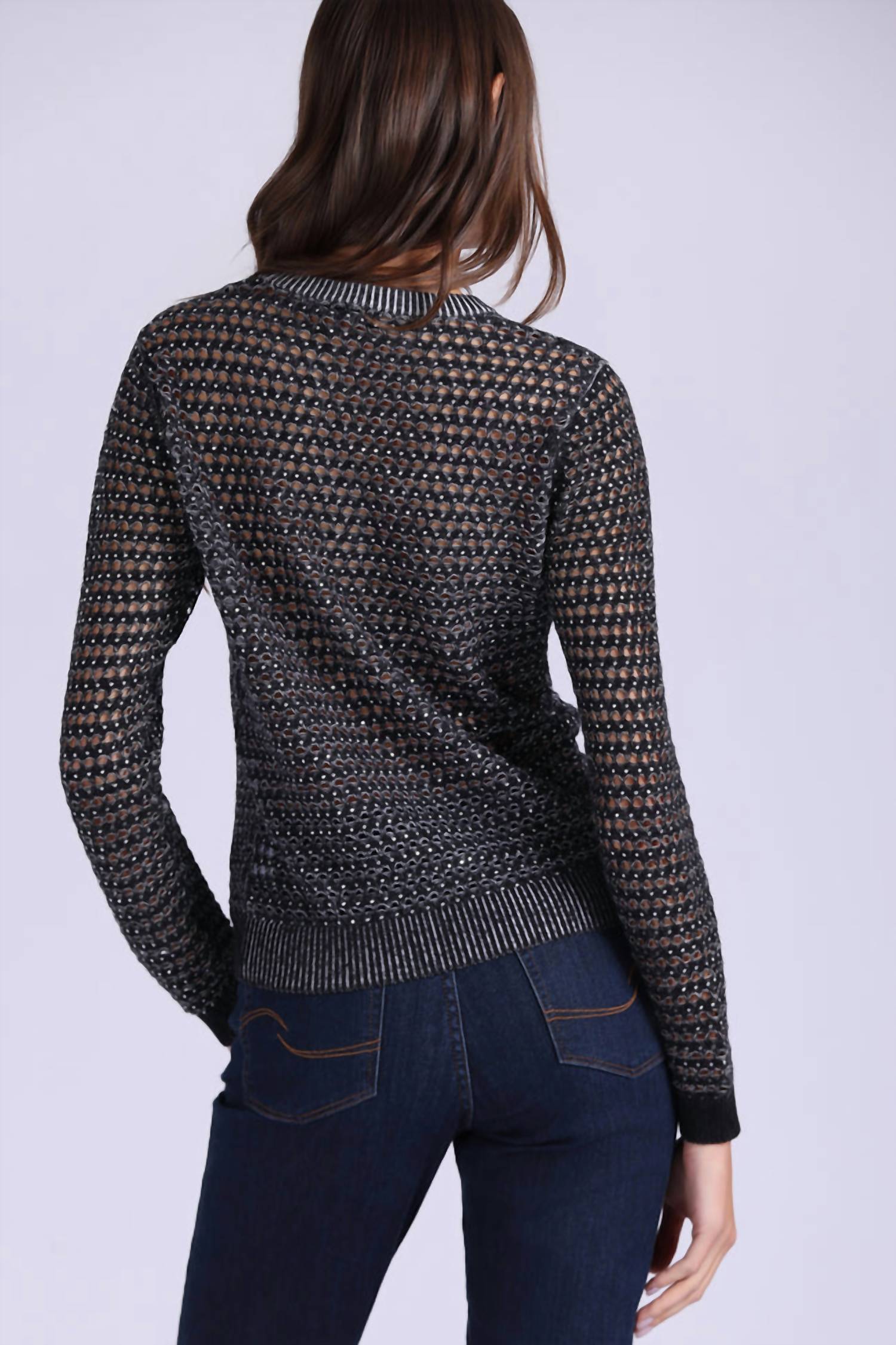 Minnie Rose - Cotton Cashmere Plaited Mesh Studded Crew Sweater