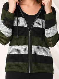 Angel Apparel Stripe Crochet Zip Up Hoodie in black army - women's top - detail view