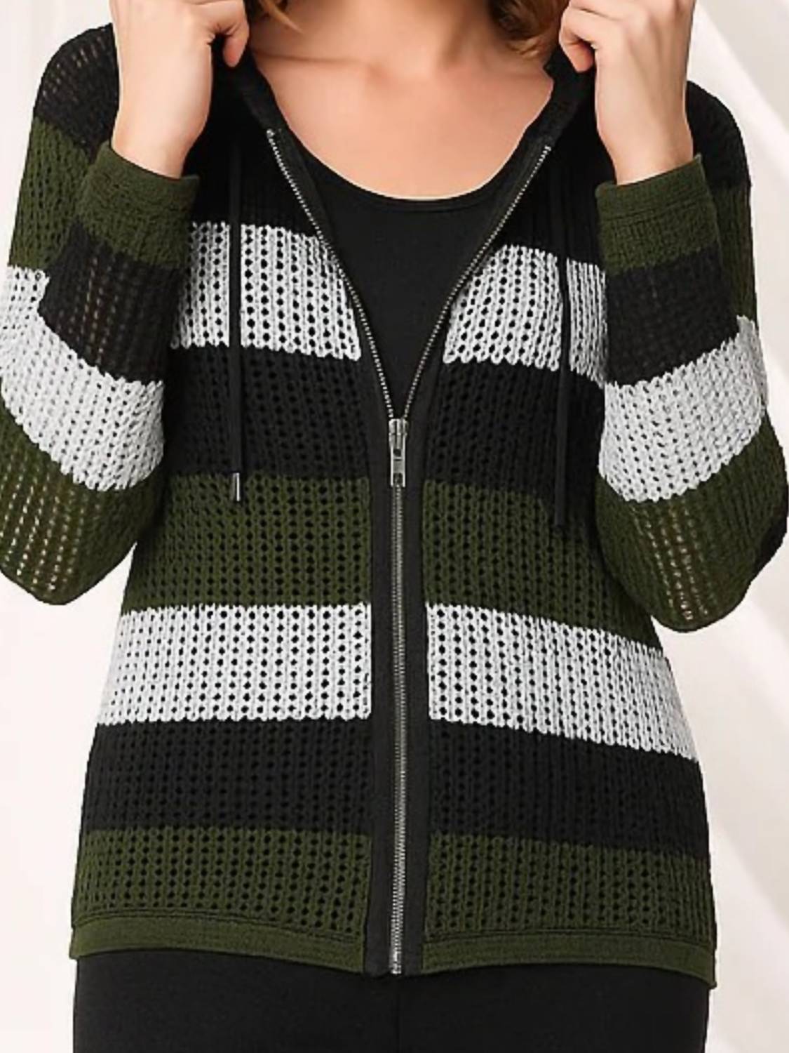 Angel Apparel Stripe Crochet Zip Up Hoodie in black army - women's top - detail view
