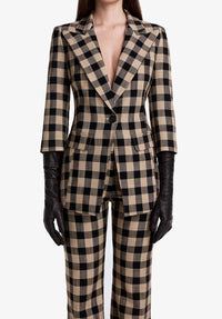 Smythe Three Quarter Sleeve Blazer in tan check - women's jacket - detail view