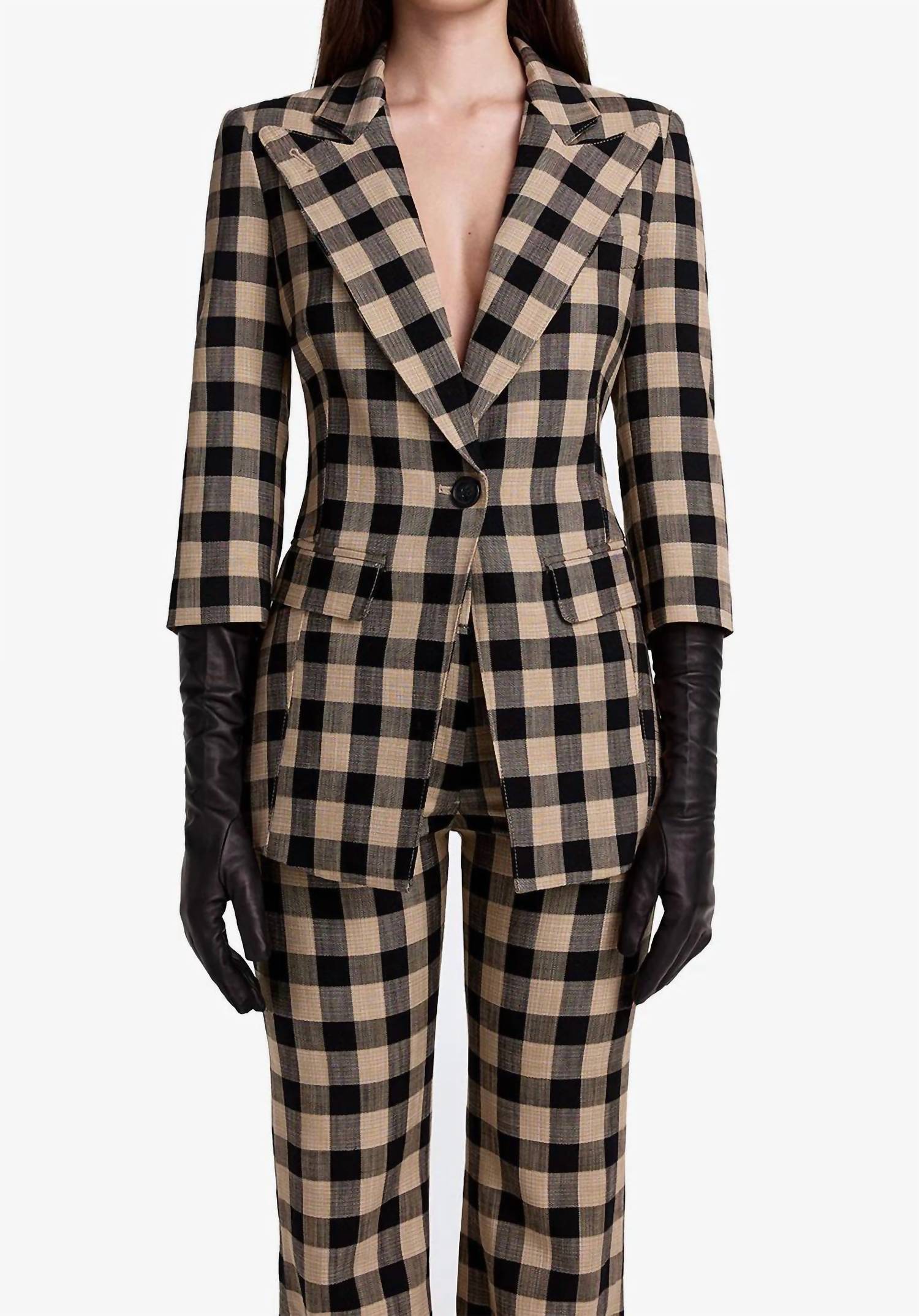 Smythe Three Quarter Sleeve Blazer in tan check - women's jacket - detail view