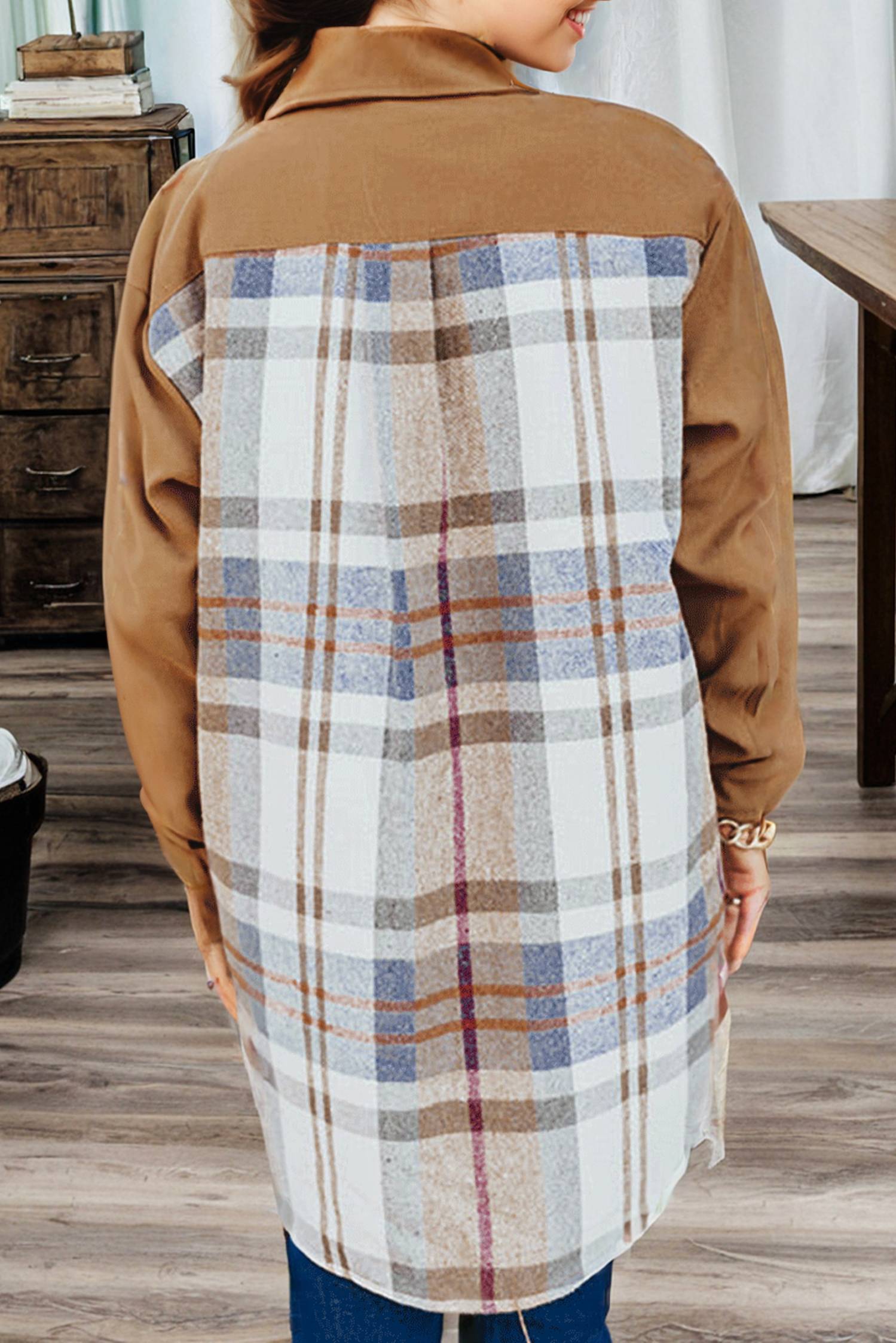 1 The Woman - Plaid Patch Work Long Sleeve Shirt Mini Fall Dress