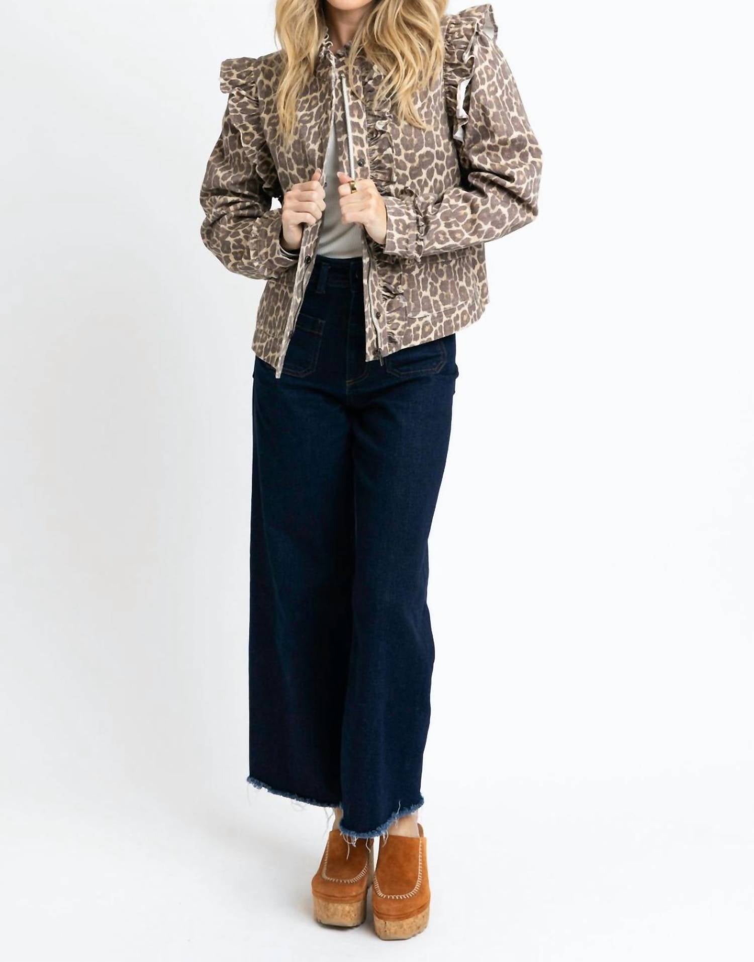 Karlie Denim Ruffle Jacket in leopard - women's jacket - alternate view