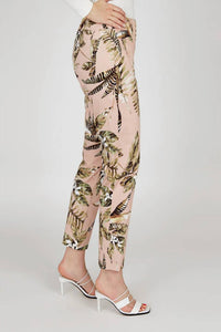 Robell - Tan Zebra Palm Print Slim Pull On Pants
