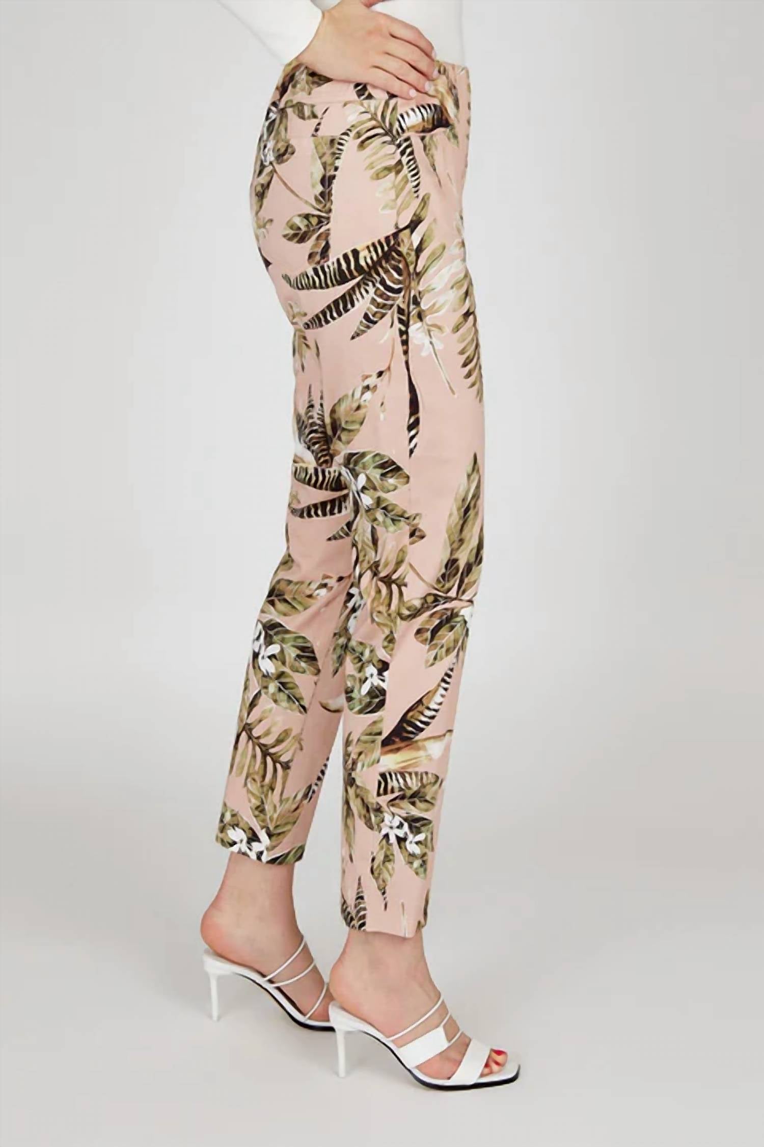 Robell - Tan Zebra Palm Print Slim Pull On Pants