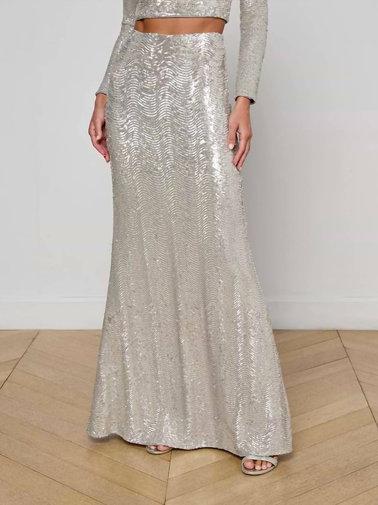 L'Agence Zeta Maxi Skirt in silver sequin swirl - women's skirt