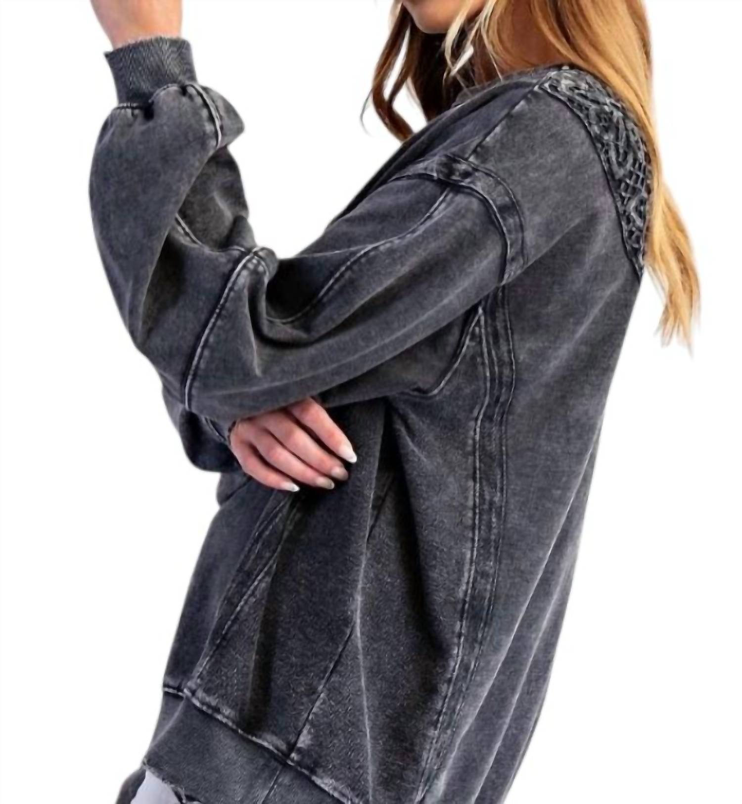 Easel Back Floral Washed Crewneck Sweater in grey - women's sweater - detail view