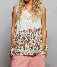POL Floral V-neck Lace Trim Sleeveless Top in ivory - women's tank top