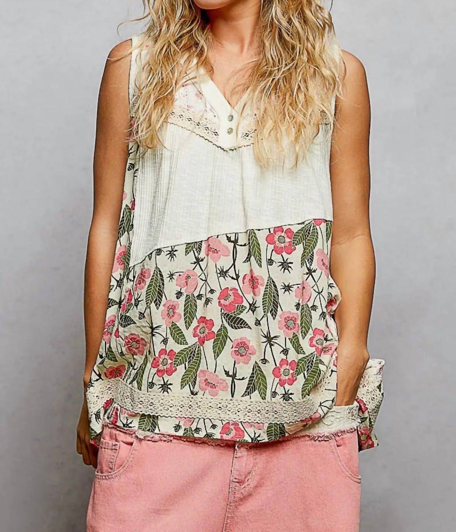 POL Floral V-neck Lace Trim Sleeveless Top in ivory - women's tank top