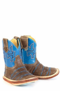 Tin Haul Kids No Fences Leather Square Toe Be Herd Boot in brown blue - kids' boots - detail view