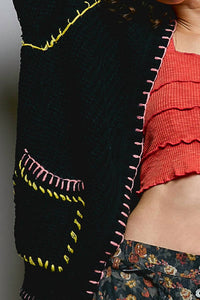 Pol - Solid Pattern Blanket Stitch Open Cardigan