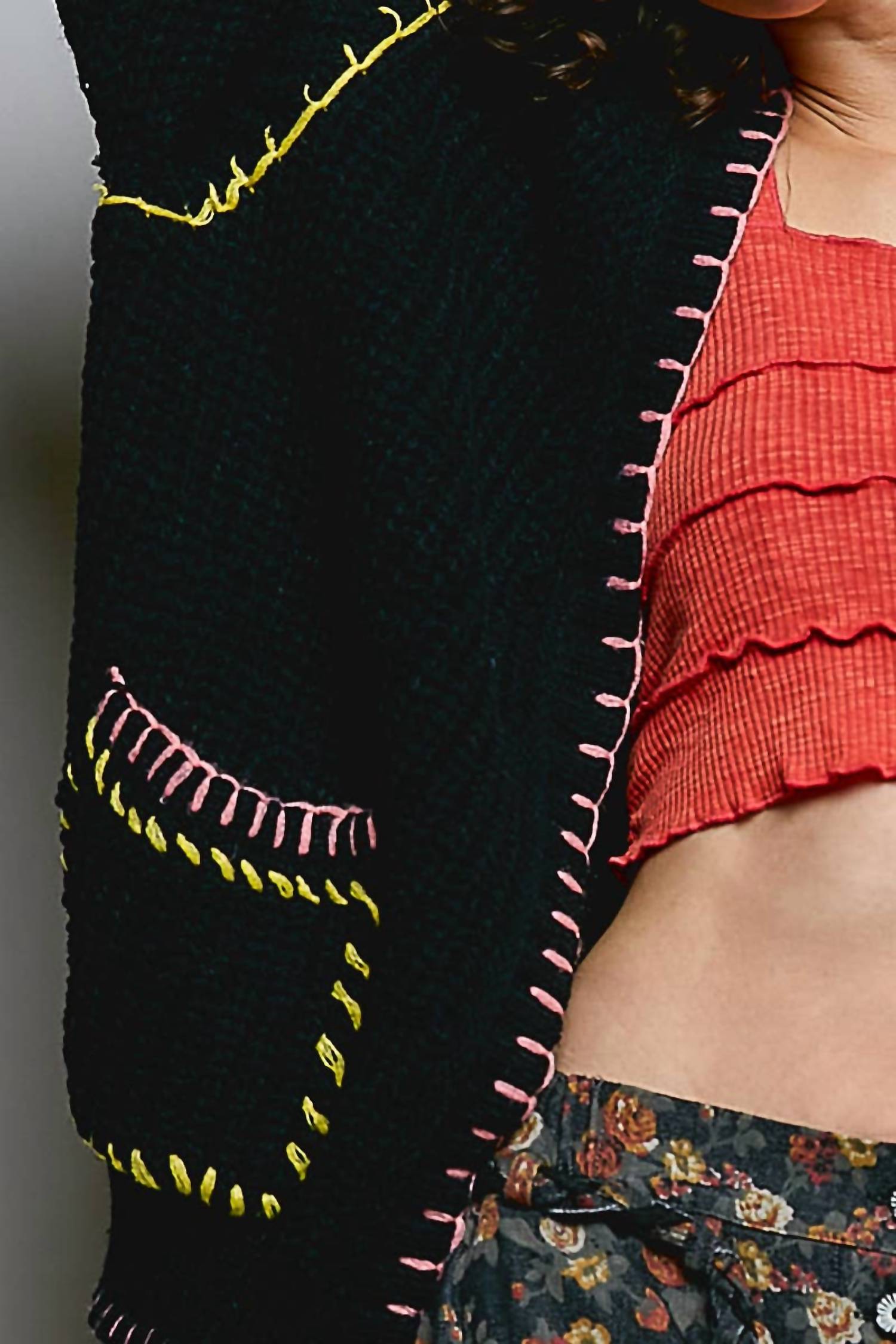 Pol - Solid Pattern Blanket Stitch Open Cardigan