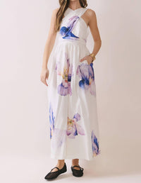 TCEC Floral Print Cross Halter Neck Midi Dress in off white - women's dress