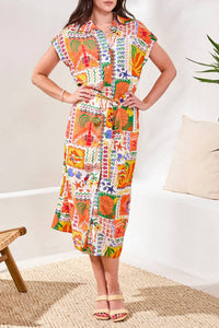 Tribal - Crosshatch Button-front Belted Midi Dress