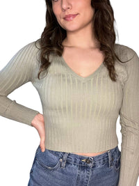 Miss Love - V Neck Long Sleeve Ribbed Sweater