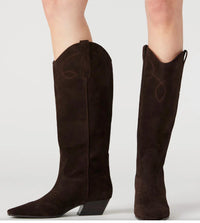 STEVE MADDEN Women's Dollie Western Boot in chocolate suede - women's shoe - detail view