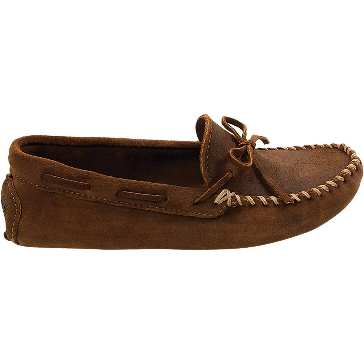 MINNETONKA Men's Cowhide Driving Moccasin in brown ruff - men's loafer - detail view