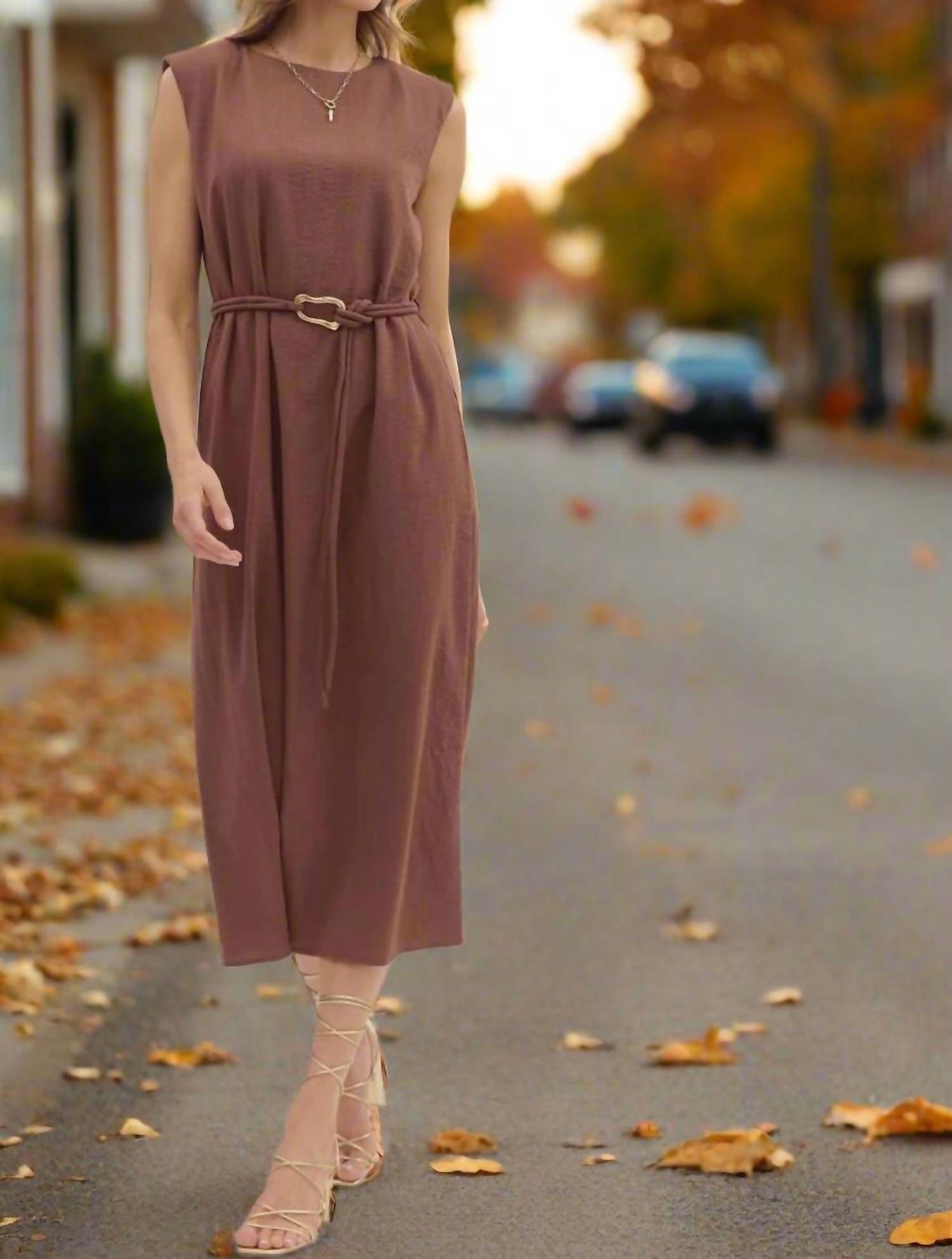 entro Belted Midi Dress With Accent Fastener in espresso - women's dress - detail view
