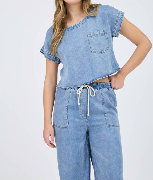 Blu Pepper - Washed Chambray Boat Neck Short Sleeve Crop Top