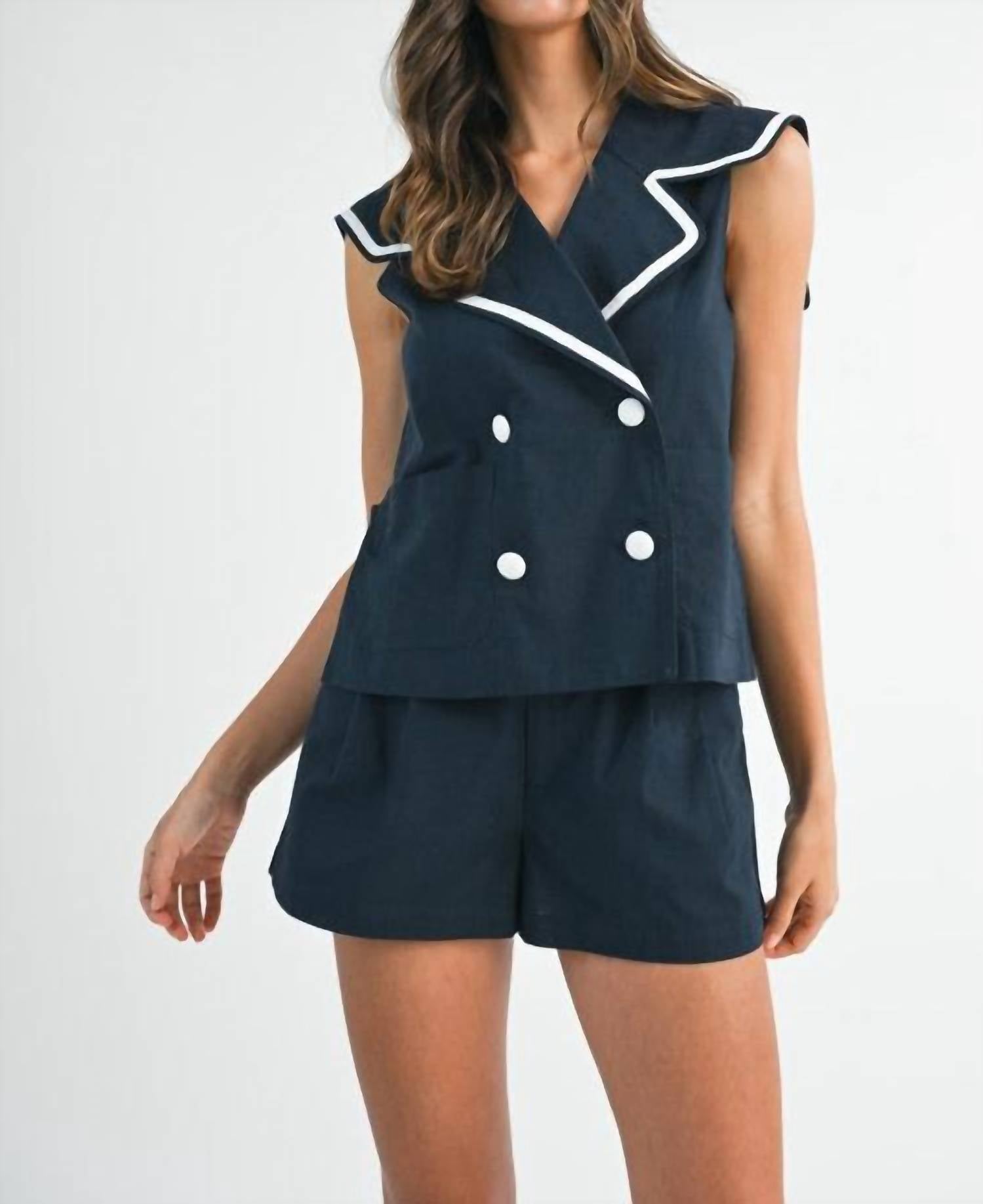 MABLE Marina Top And Shorts Set in blue - women's sleepwear - detail view