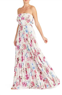 Monique Lhuillier Floral Pleated Satin Strapless Gown in peony dream - women's dress - alternate view