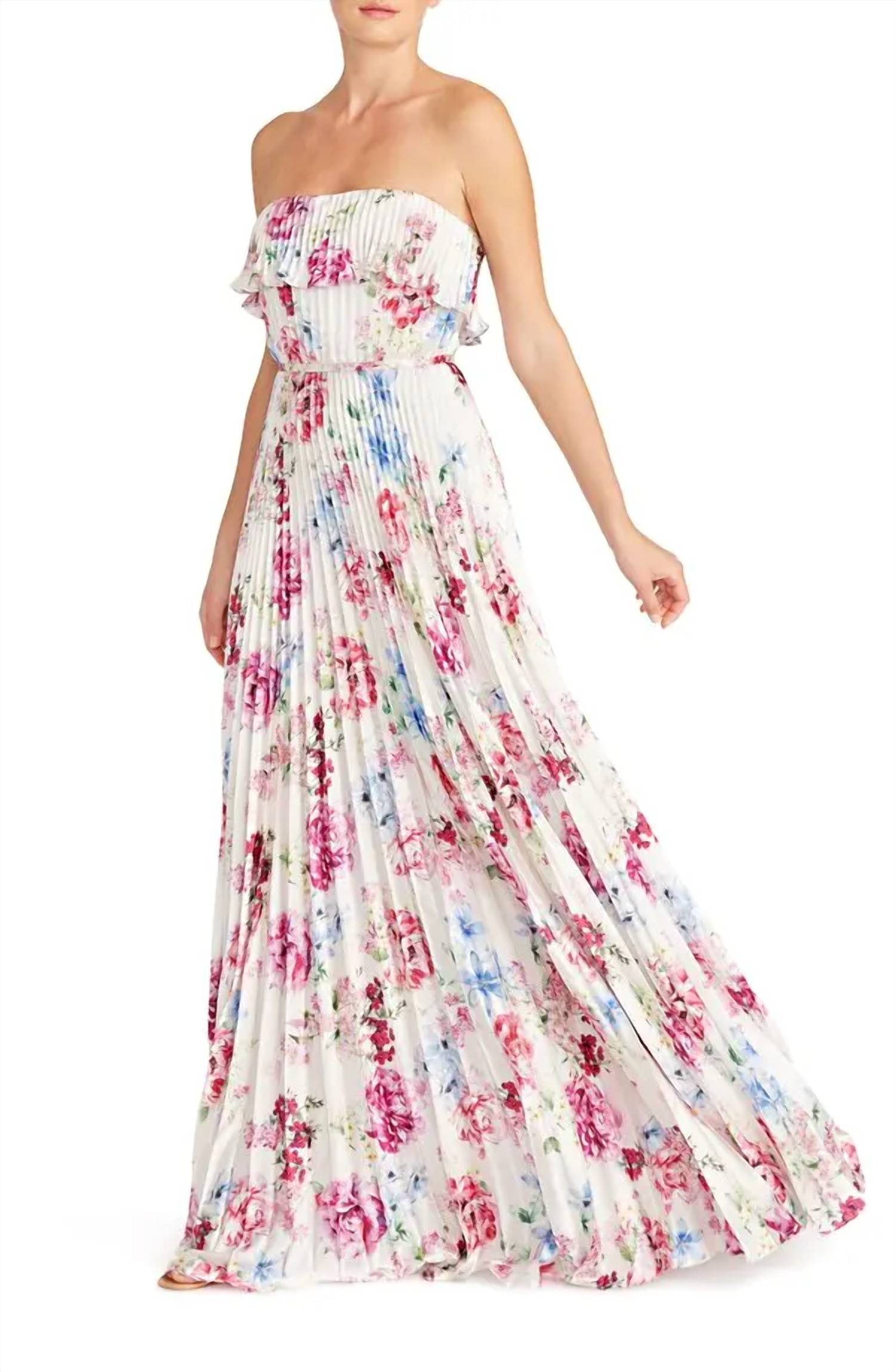 Monique Lhuillier Floral Pleated Satin Strapless Gown in peony dream - women's dress - alternate view