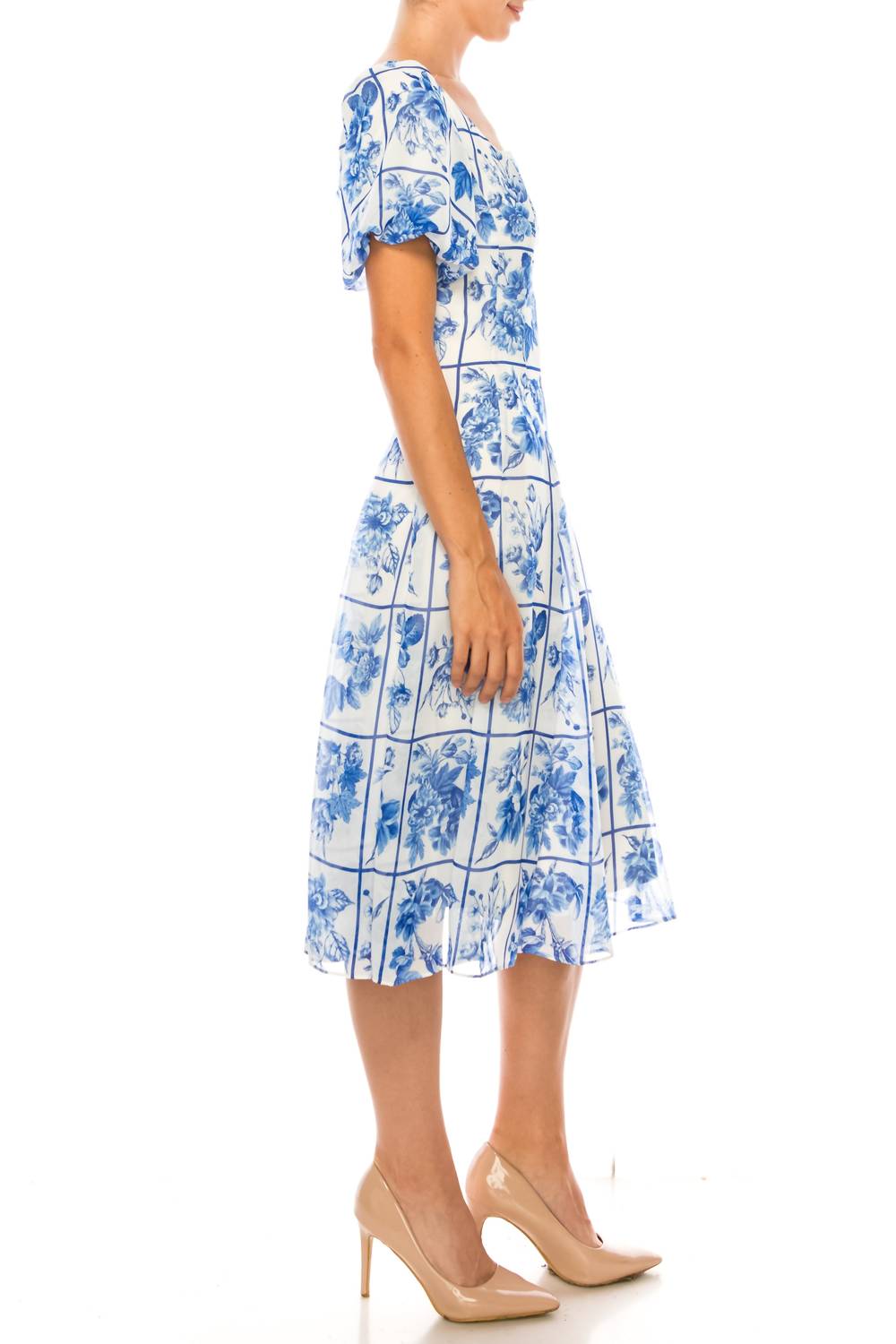Maison Tara - Square Floral Short Puff Sleeve A-line Midi Dress