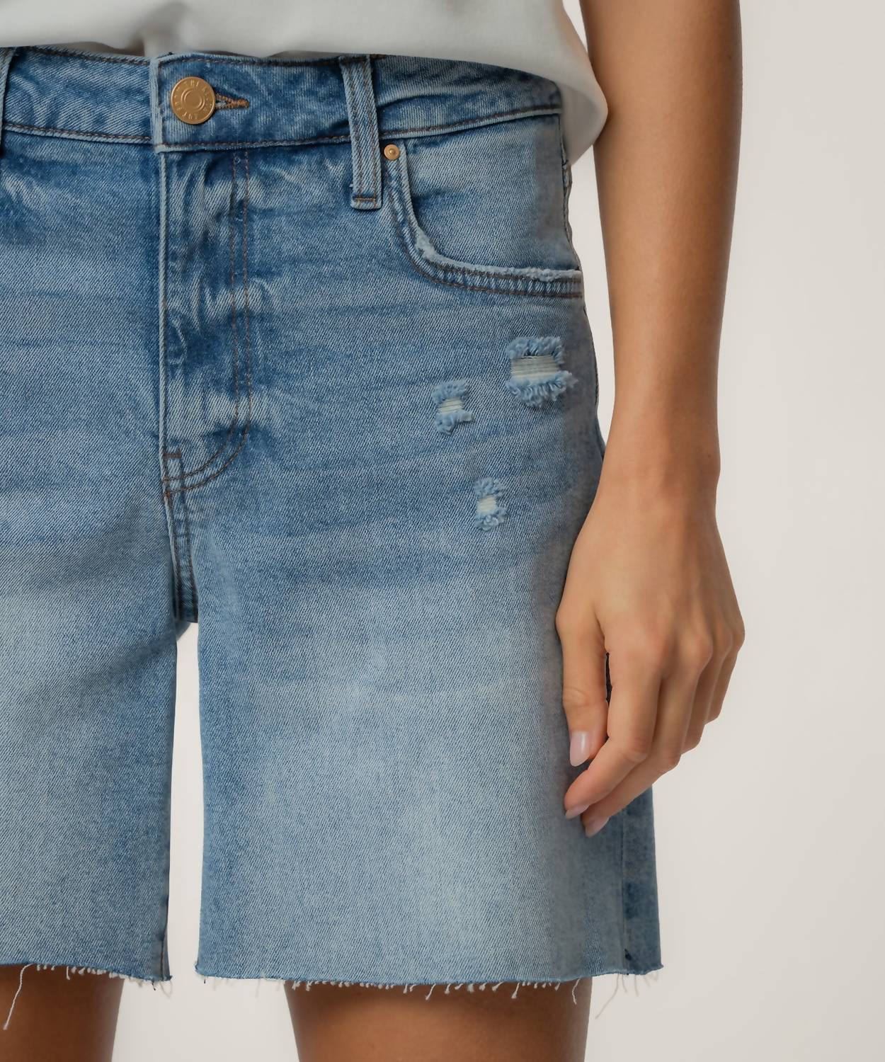Kut From The Kloth - Hailey High Rise Denim Shorts – Medium Wash Distressed Raw Hem