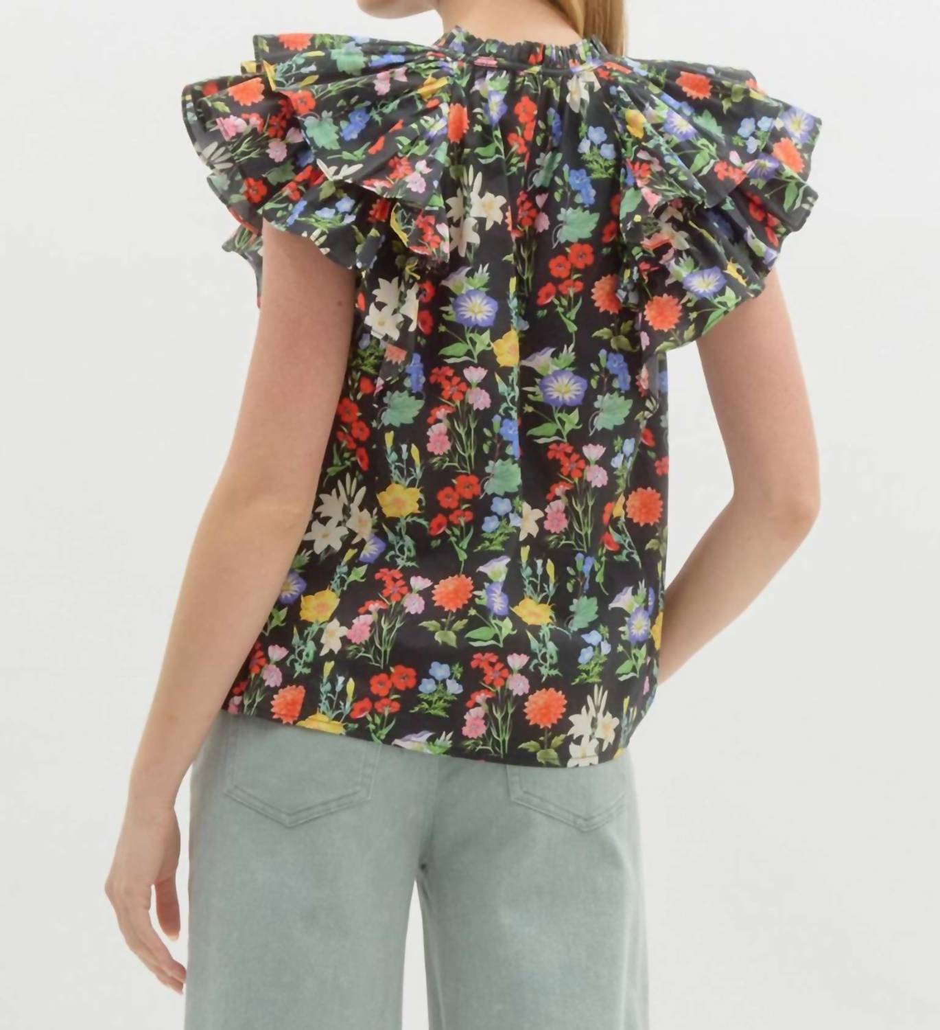 Entro - Floral Print Double Ruffle Top