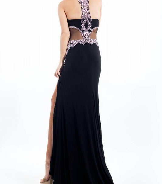Rachel Allan - Beaded Jersey Prom Gown With High Slit