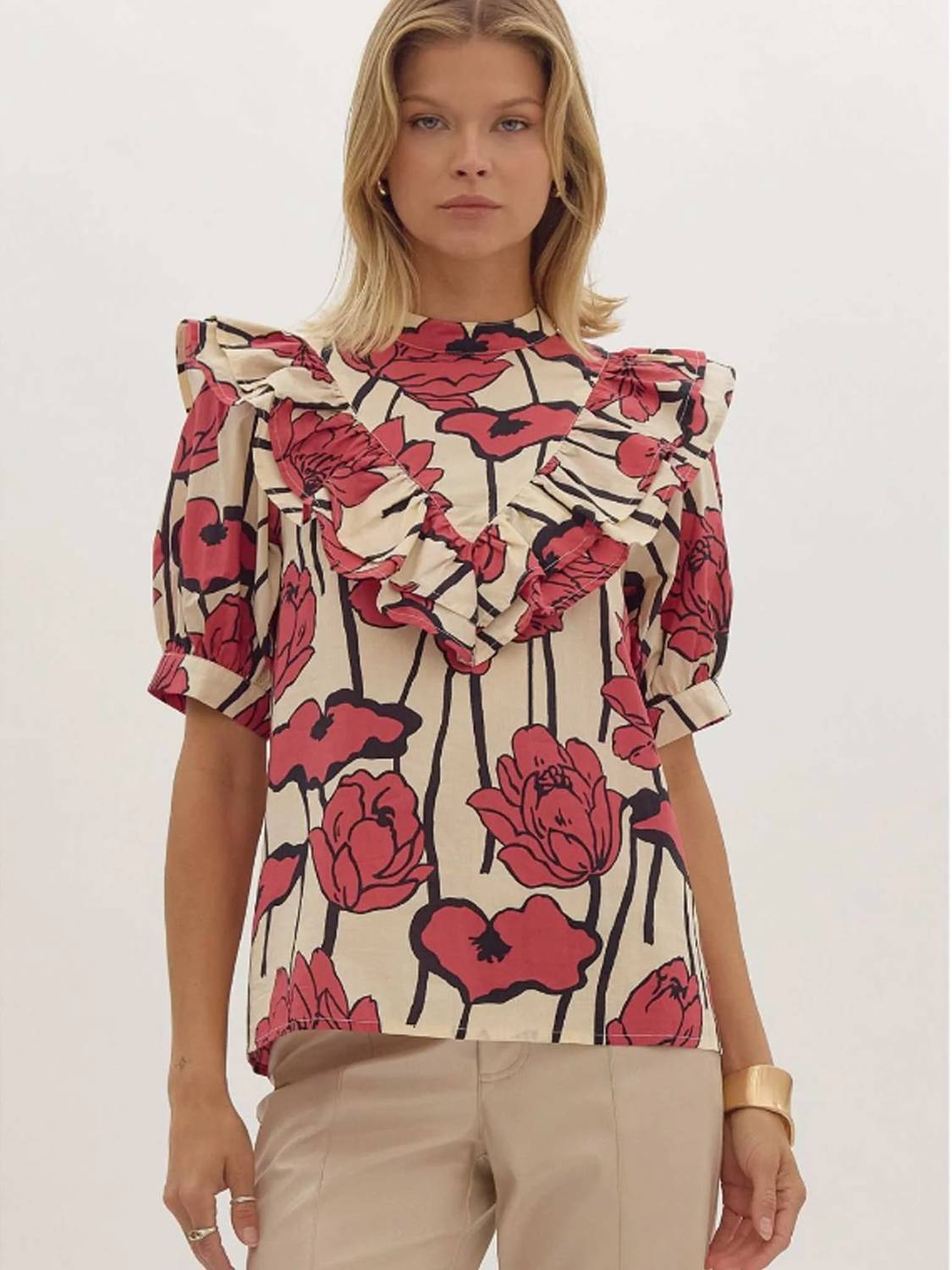 Entro - Floral Ruffle Mock Neck Top