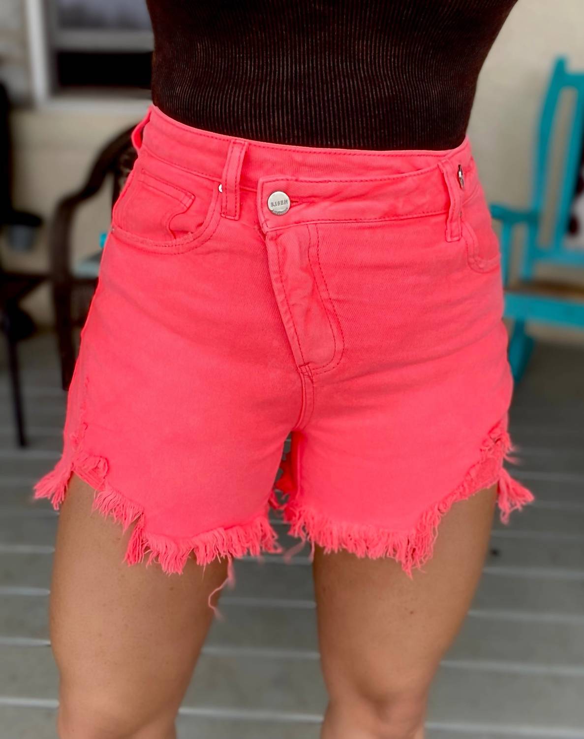 RISEN Ada Asymmetrical Distressed Shorts in coral pink - women's shorts - alternate view