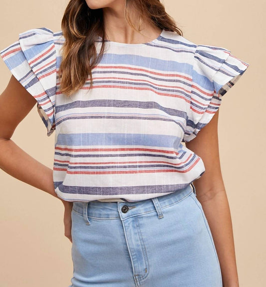 Anniewear - Stripe Ruffle Sleeve Top