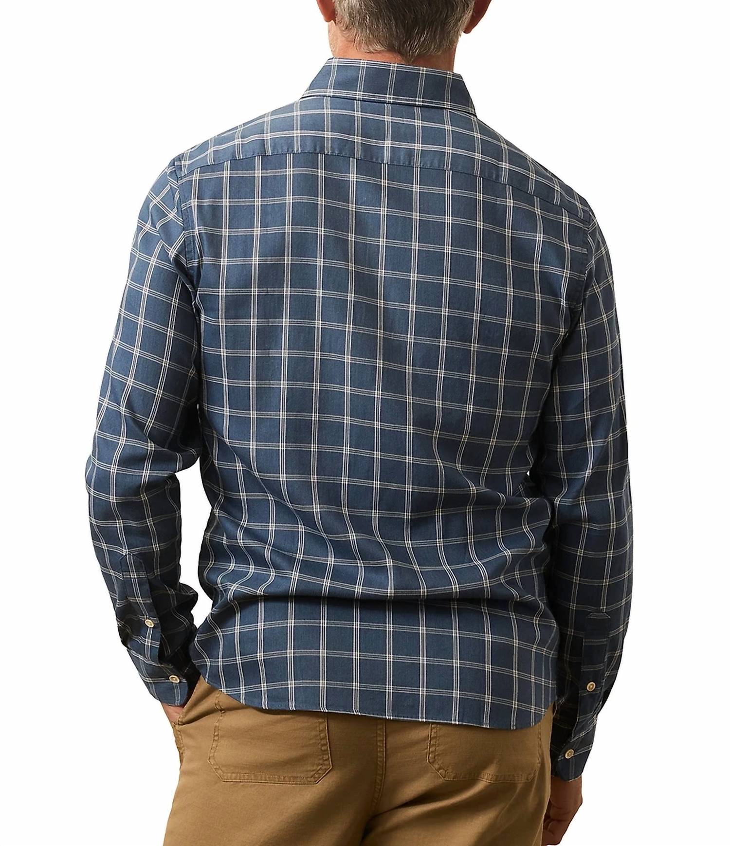 Faherty Movement Monterrey Shirt Top in midnight cloud plaid - men's long sleeve top - detail view