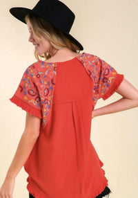 Umgee - Embroidered Sleeve Frayed Ruffle Trim Top