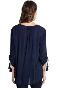 umgee Embroidered Baby Doll Top in navy - women's blouse - detail view
