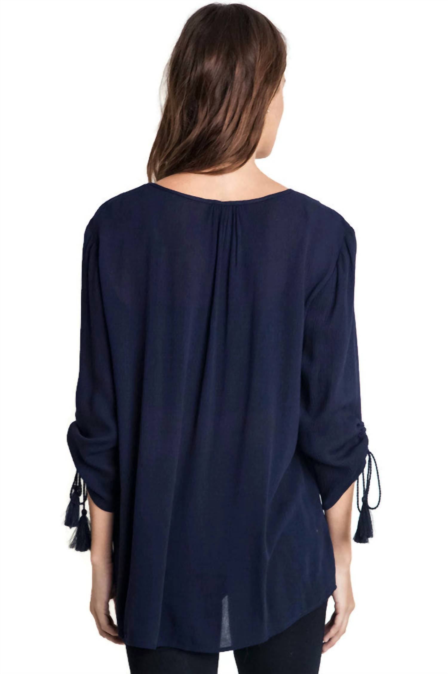umgee Embroidered Baby Doll Top in navy - women's blouse - detail view