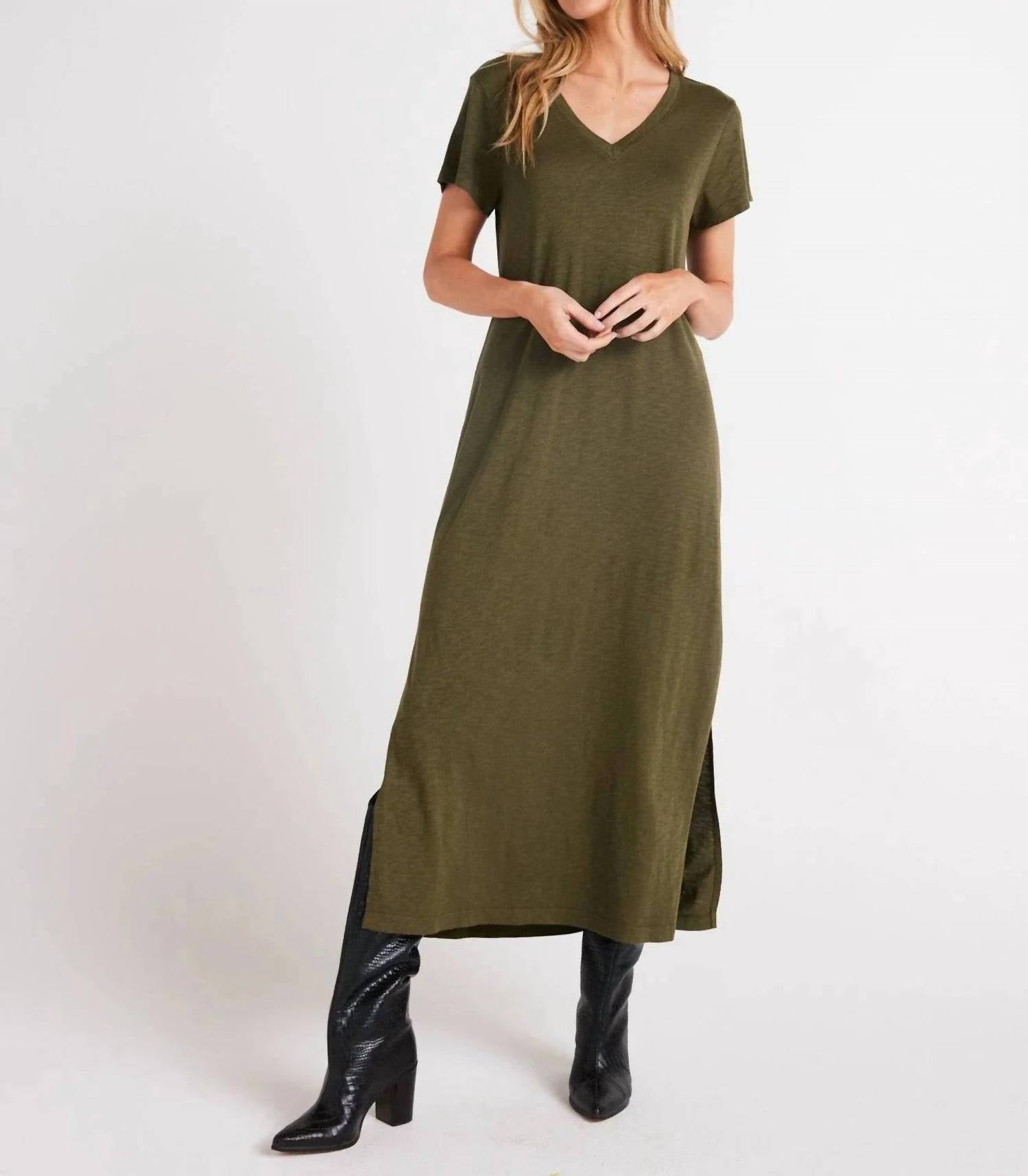 Bella Dahl Knit V-neck Maxi Dress in italian herb - women's dress