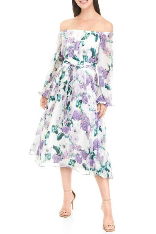 Maison Tara - Floral Off The Shoulder Long Sleeve Midi A-line Dress