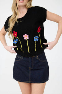 Blu Pepper - 3d Crochet Floral Short Sleeve Sweater Top