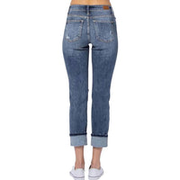 Judy Blue Mid Rise Cuffed Boyfriend Fit Jeans in medium blue - women's jeans - alternate view