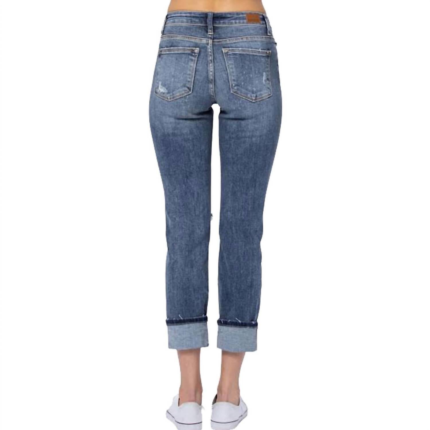 Judy Blue Mid Rise Cuffed Boyfriend Fit Jeans in medium blue - women's jeans - alternate view