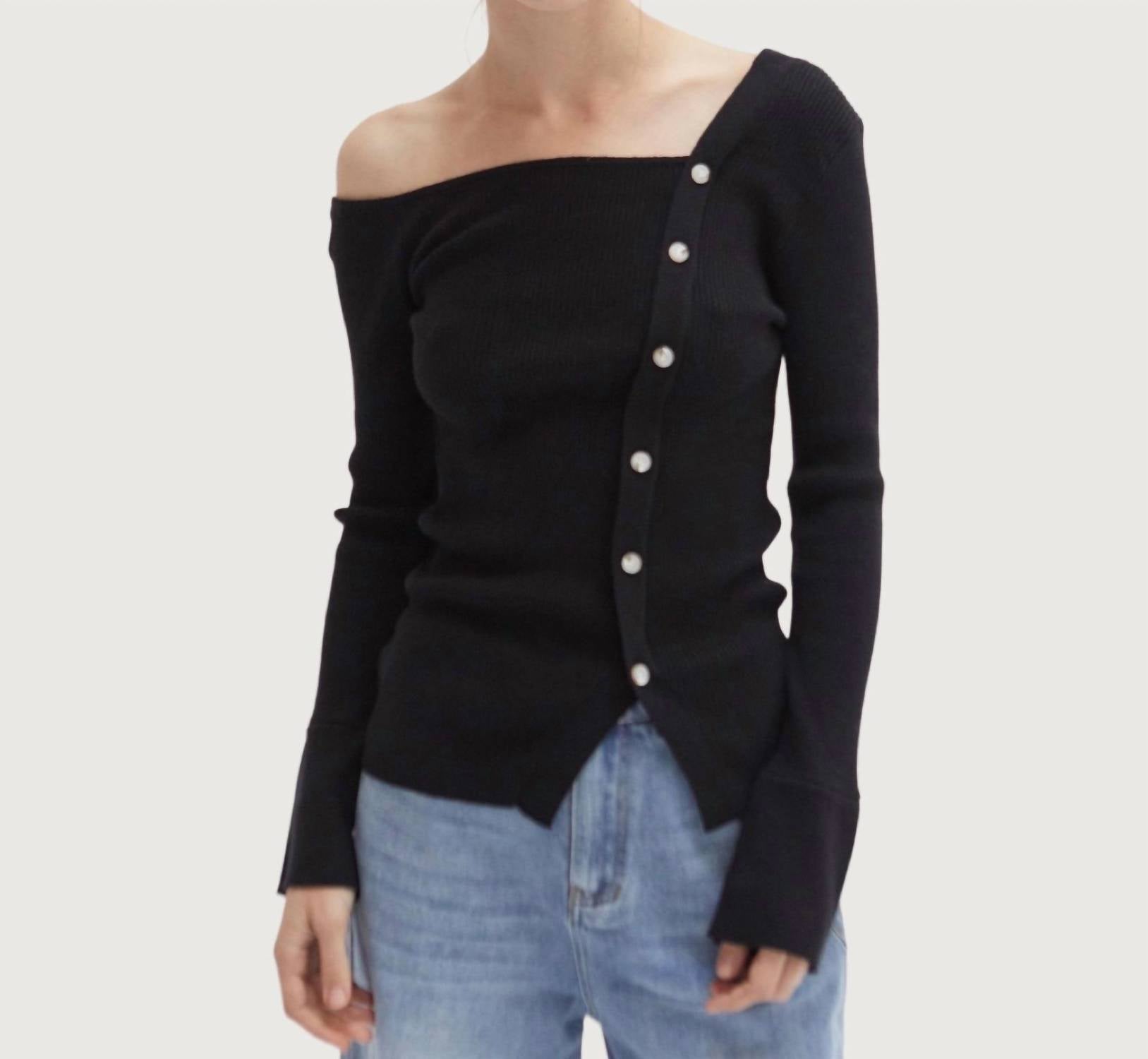 CRESCENT Monica One Shoulder Top in black - women's long sleeve top
