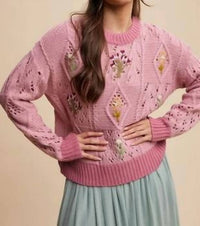 Listicle - Embroidered Flower Detail Checkered Knit Sweater