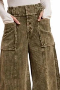 AnnieWear Corduroy Cropped Wide Leg Pants in olive - women's pants - detail view