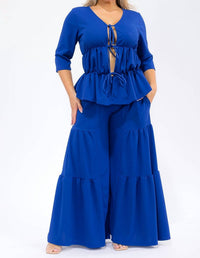 Karen T Design - Hollow Lace Up Top And Spliced Wide Leg Pants