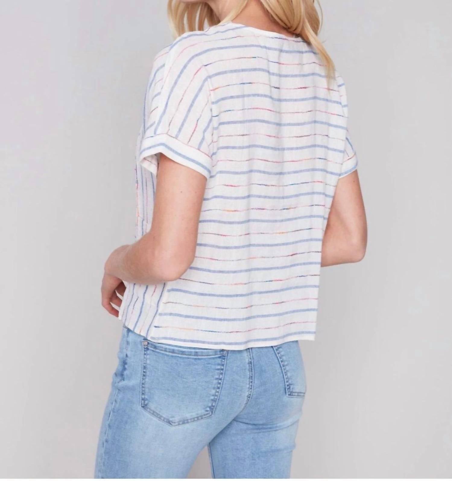 Charlie B - Yarn Dyed Embroidered Stripe Boxy Top With Pockets