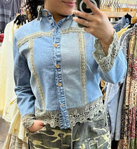 Young Threads - Patchwork Denim Jacket With Crochet Trim