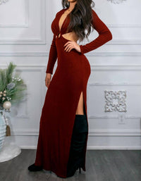 Surelymine - O Ring Cut Out Side Slits Sweater Dress